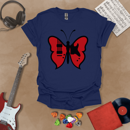 Navy t-shirt with guitar body sprouting butterfly wings.
