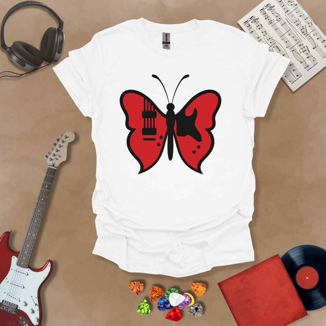 White t-shirt with guitar body sprouting butterfly wings.
