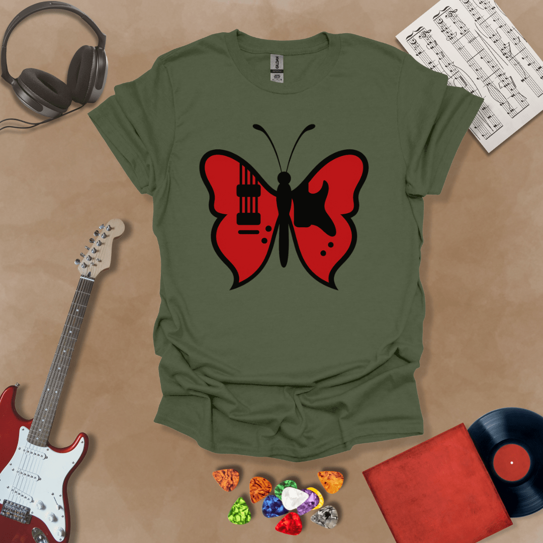 Green t-shirt with guitar body sprouting butterfly wings.
