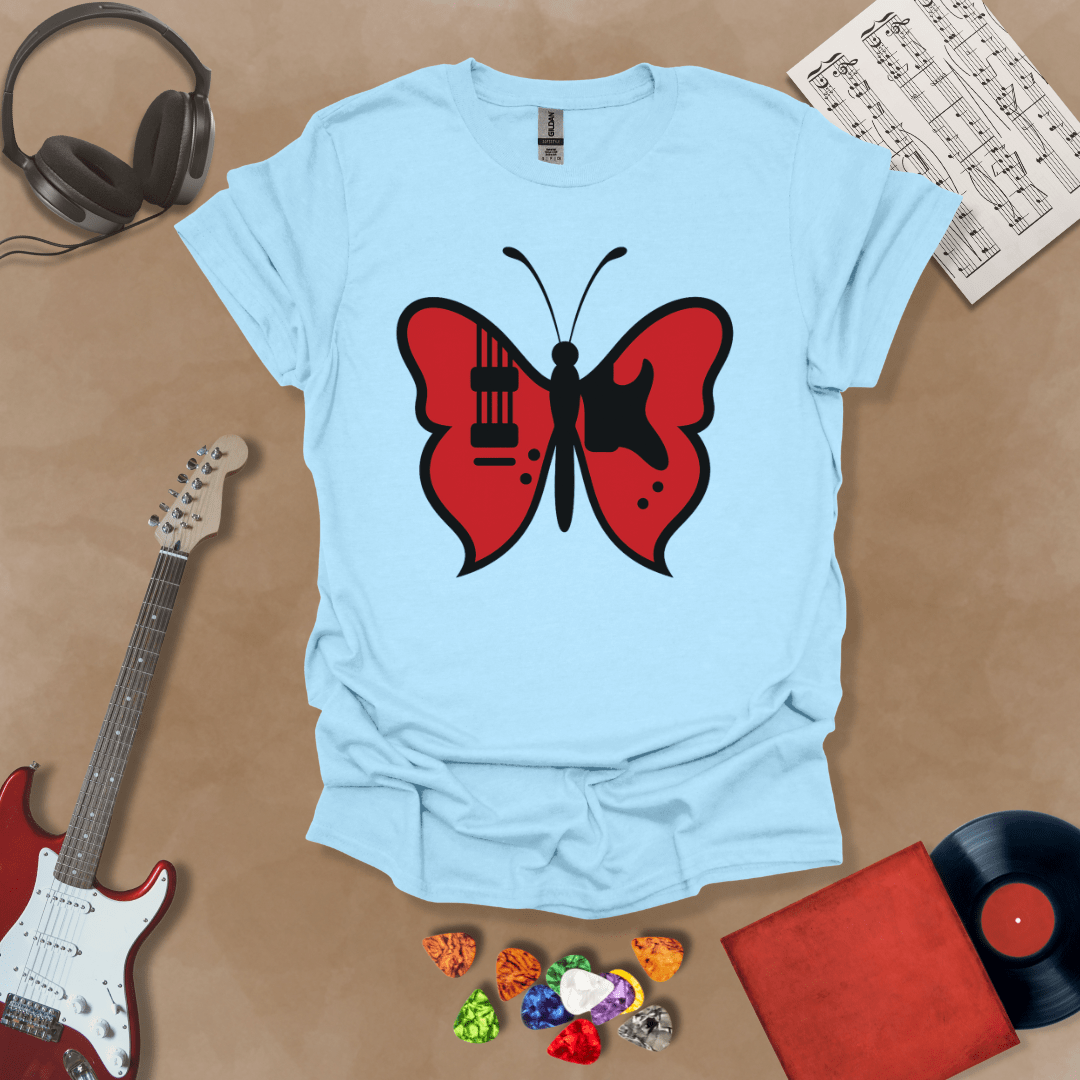 Light Blue t-shirt with guitar body sprouting butterfly wings.
