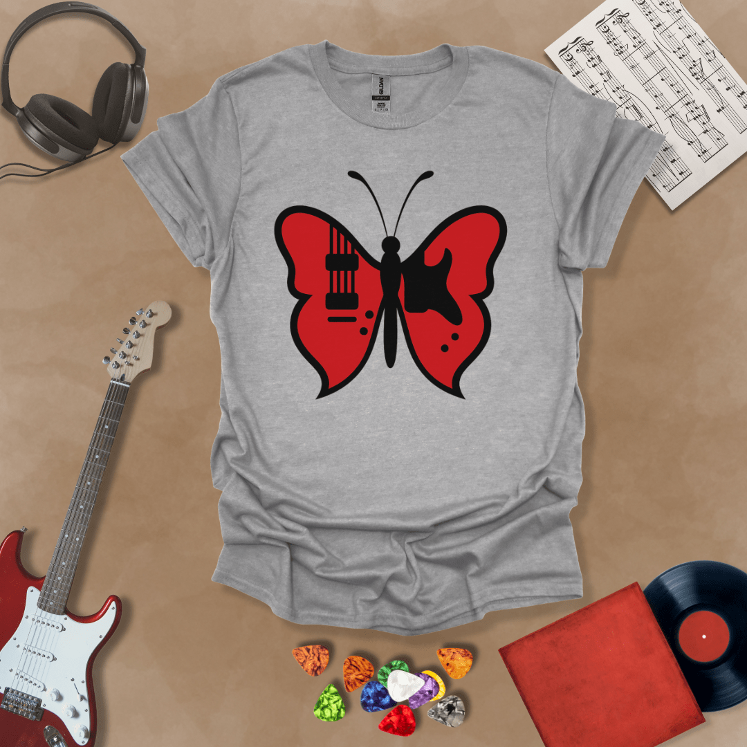 Gray t-shirt with guitar body sprouting butterfly wings.
