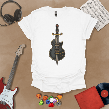 White t-shirt featuring a graphic of a sword seamlessly fused with an electric guitar, symbolizing power and precision.