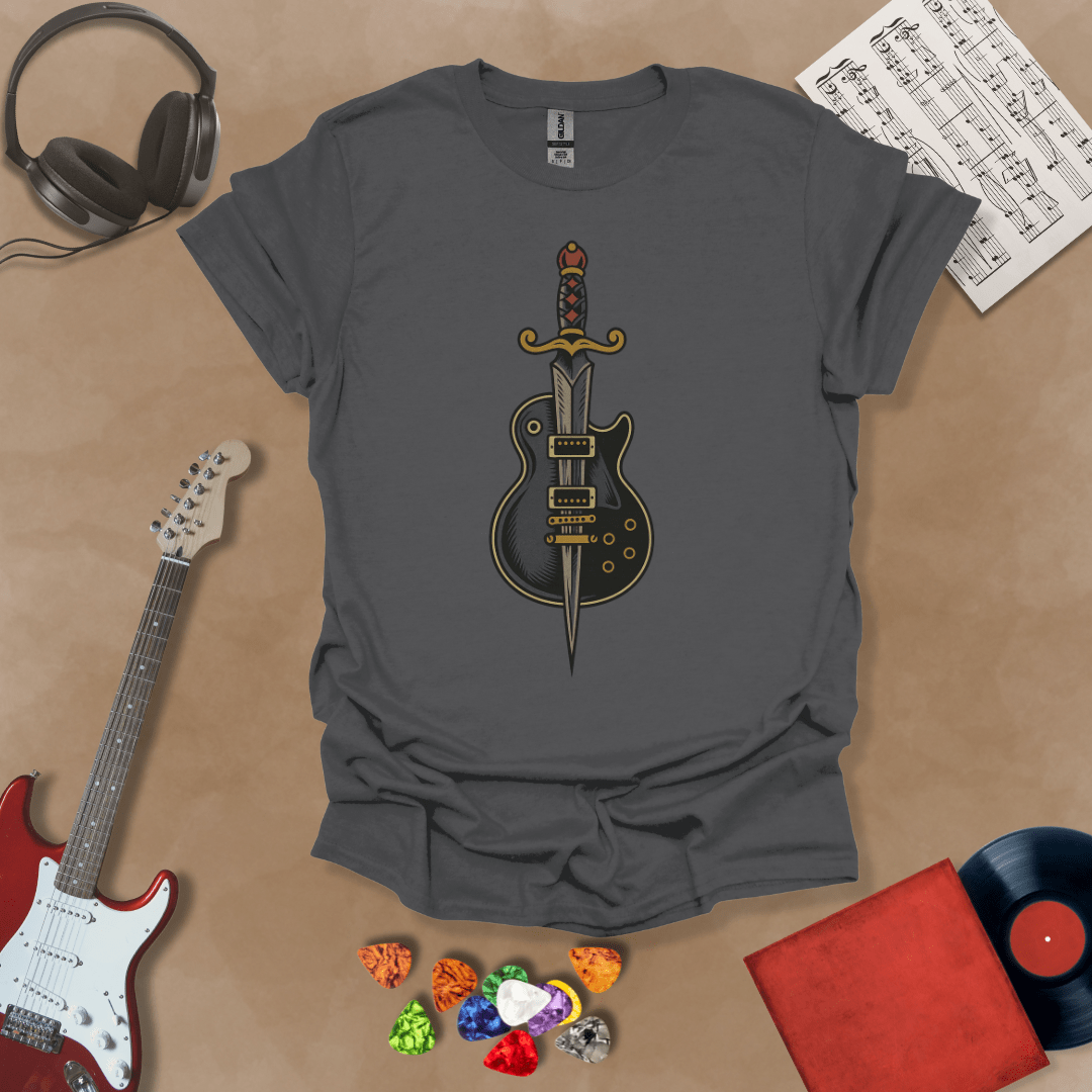 Gray t-shirt featuring a graphic of a sword seamlessly fused with an electric guitar, symbolizing power and precision.