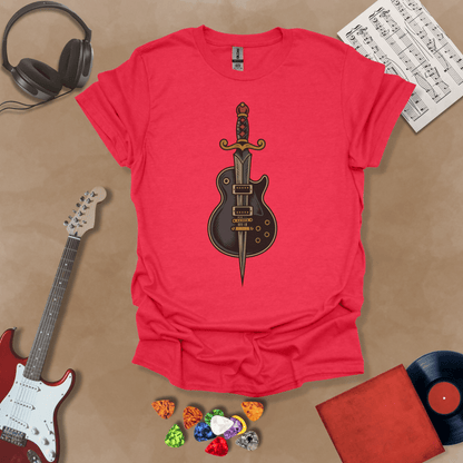 Red t-shirt featuring a graphic of a sword seamlessly fused with an electric guitar, symbolizing power and precision.
