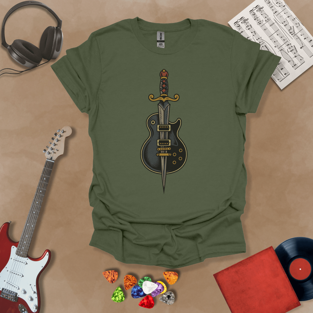 Green t-shirt featuring a graphic of a sword seamlessly fused with an electric guitar, symbolizing power and precision.