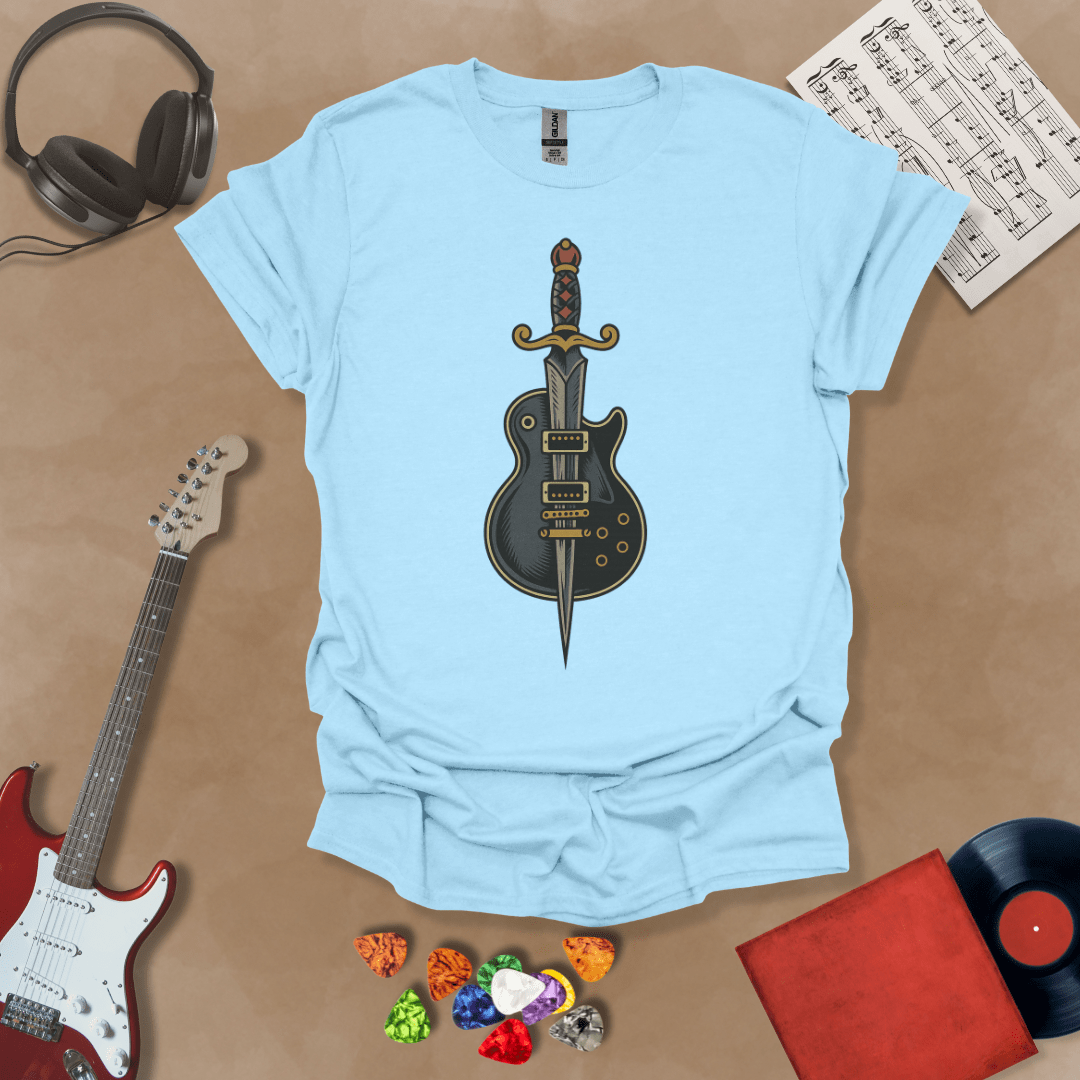 Light blue t-shirt featuring a graphic of a sword seamlessly fused with an electric guitar, symbolizing power and precision.