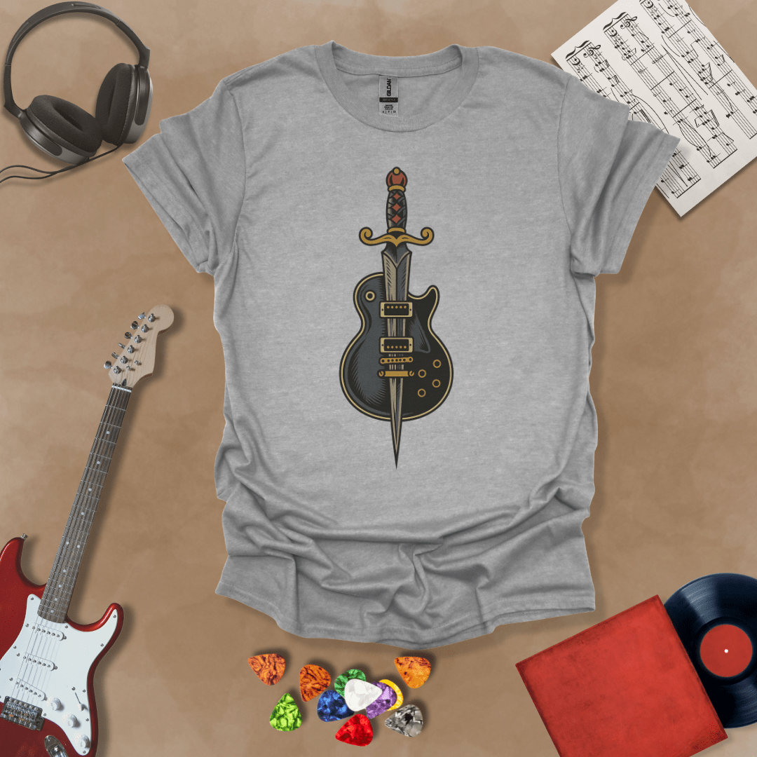 Gray t-shirt featuring a graphic of a sword seamlessly fused with an electric guitar, symbolizing power and precision.