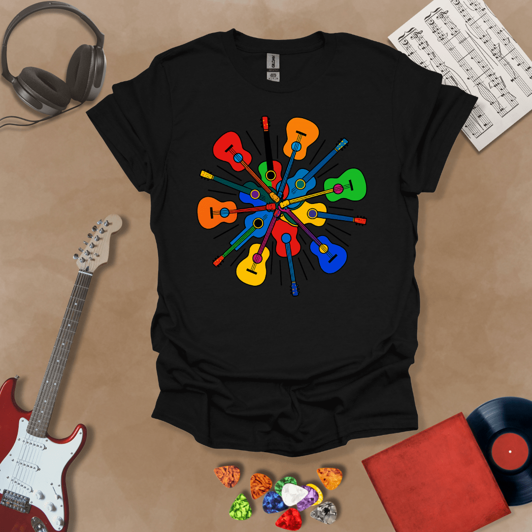 Black t-shirt featuring a colorful burst of acoustic guitars arranged in a radial explosion pattern, creating a kaleidoscope effect.
