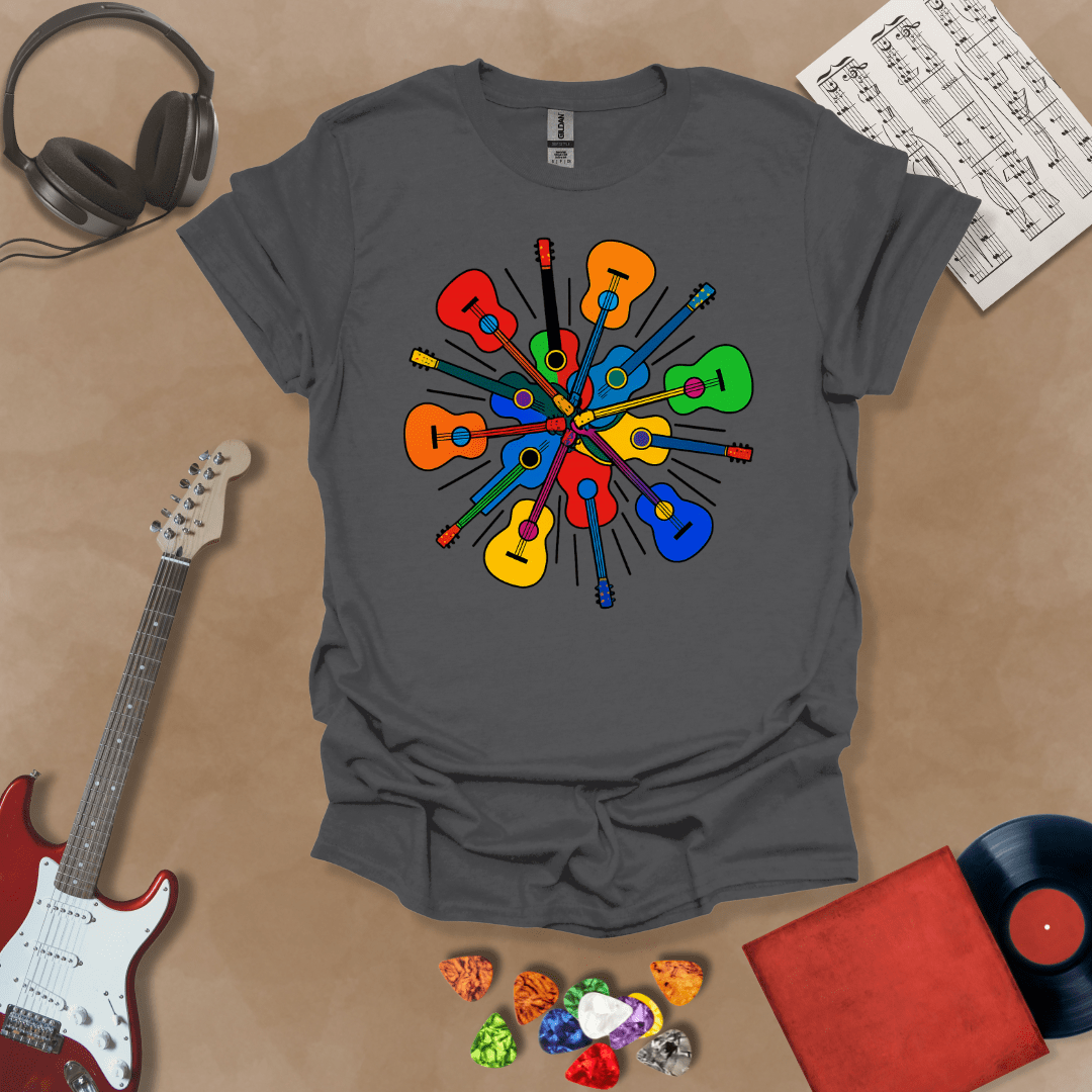 Gray t-shirt featuring a colorful burst of acoustic guitars arranged in a radial explosion pattern, creating a kaleidoscope effect.
