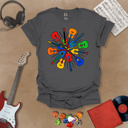 Gray t-shirt featuring a colorful burst of acoustic guitars arranged in a radial explosion pattern, creating a kaleidoscope effect.
