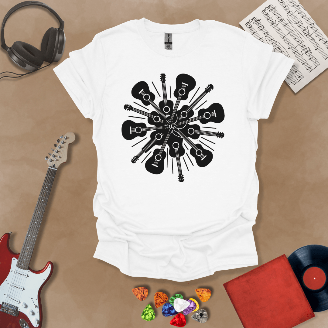 White t-shirt featuring a black and white burst of acoustic guitars arranged in a radial explosion pattern, creating a kaleidoscope effect.
