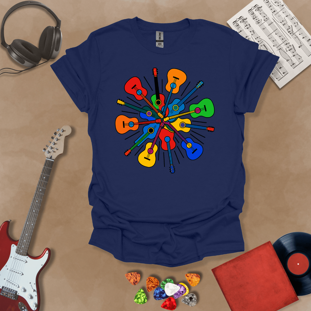 Navy t-shirt featuring a colorful burst of acoustic guitars arranged in a radial explosion pattern, creating a kaleidoscope effect.
