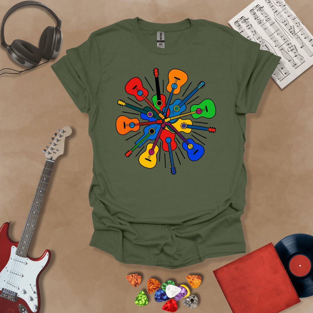 Green t-shirt featuring a colorful burst of acoustic guitars arranged in a radial explosion pattern, creating a kaleidoscope effect.