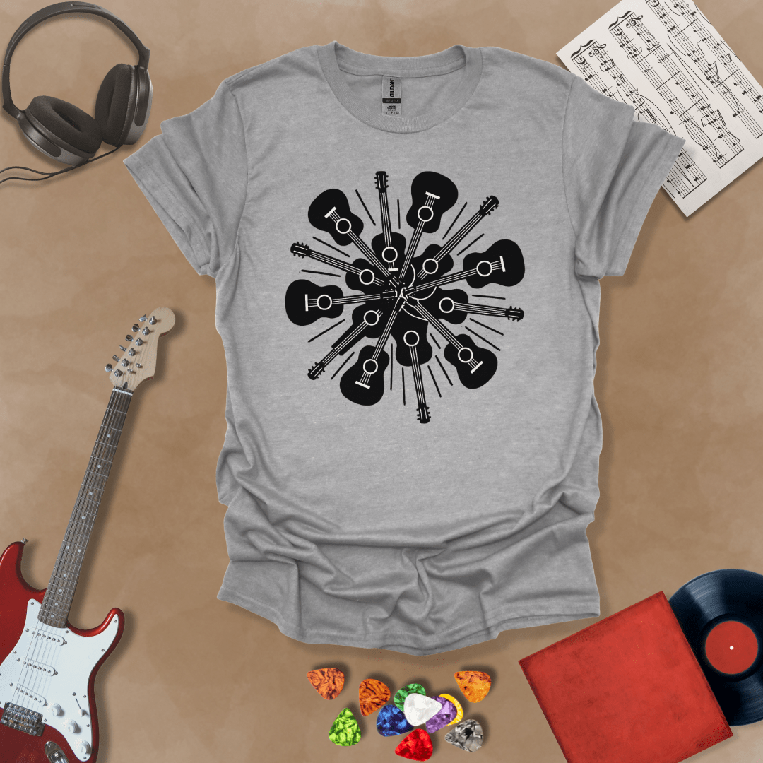 Gray t-shirt featuring a black and white burst of acoustic guitars arranged in a radial explosion pattern, creating a kaleidoscope effect.