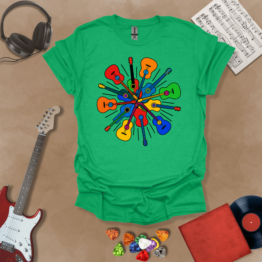 Green t-shirt featuring a colorful burst of acoustic guitars arranged in a radial explosion pattern, creating a kaleidoscope effect.