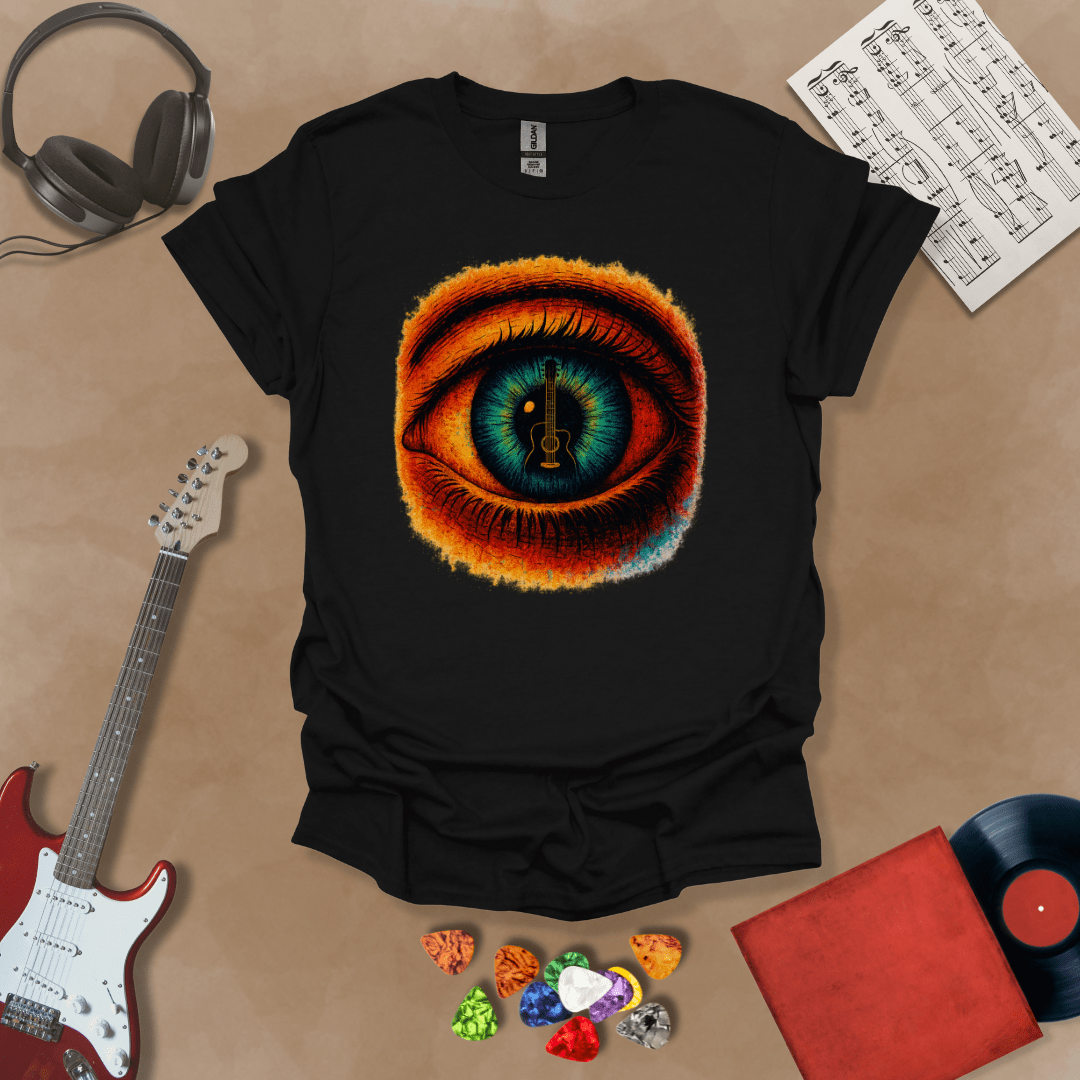 Black t-shirt featuring a fiery psychedelic eye with a glowing iris and a guitar silhouette at the center of the pupil.
