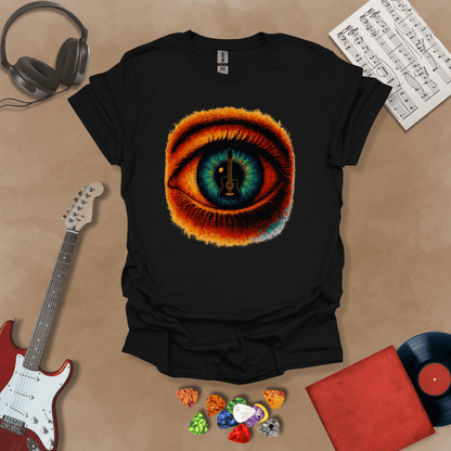 Black t-shirt featuring a fiery psychedelic eye with a glowing iris and a guitar silhouette at the center of the pupil.

