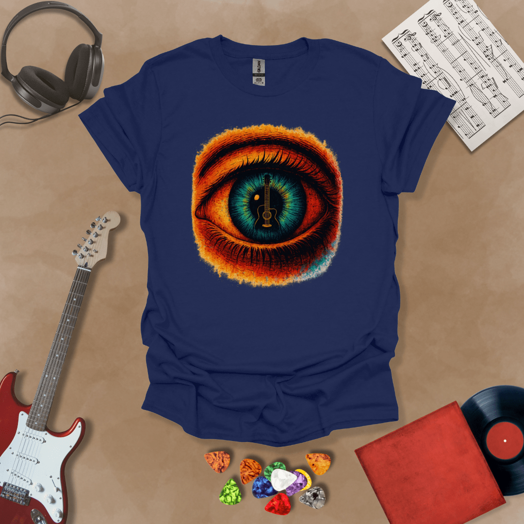 Navy t-shirt featuring a fiery psychedelic eye with a glowing iris and a guitar silhouette at the center of the pupil.
