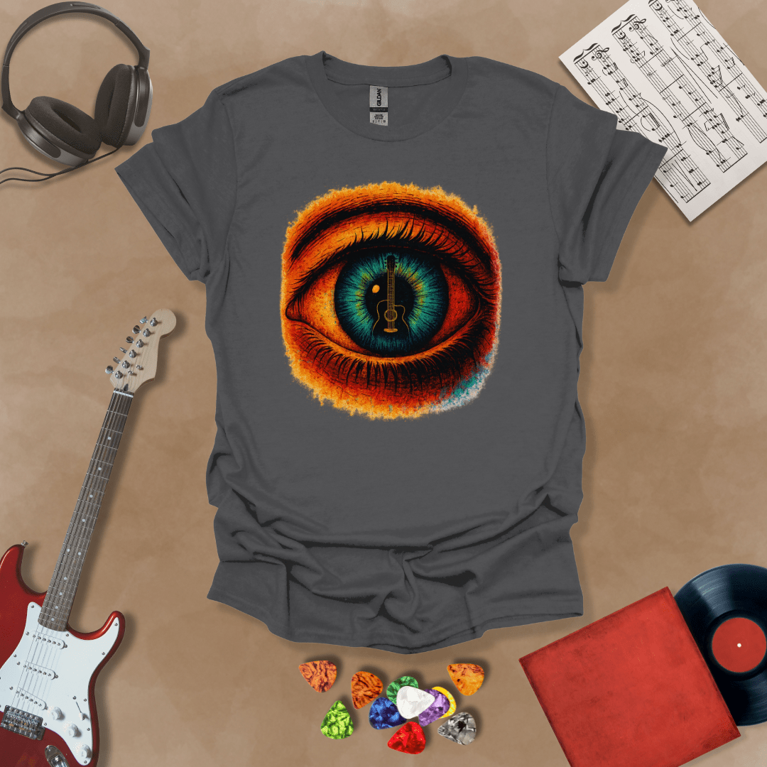 Gray t-shirt featuring a fiery psychedelic eye with a glowing iris and a guitar silhouette at the center of the pupil.
