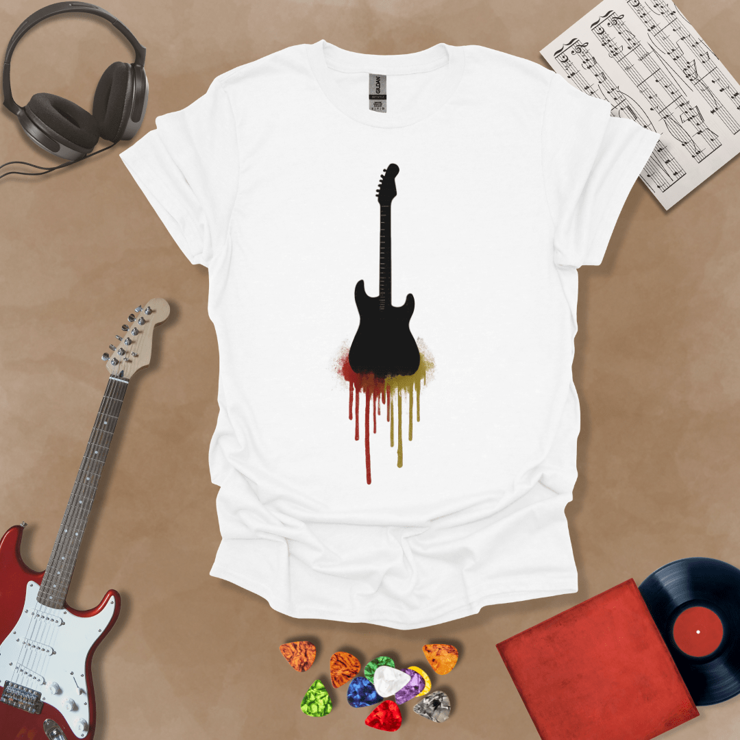 White t-shirt featuring a black electric guitar silhouette with colorful paint drips extending downward.
