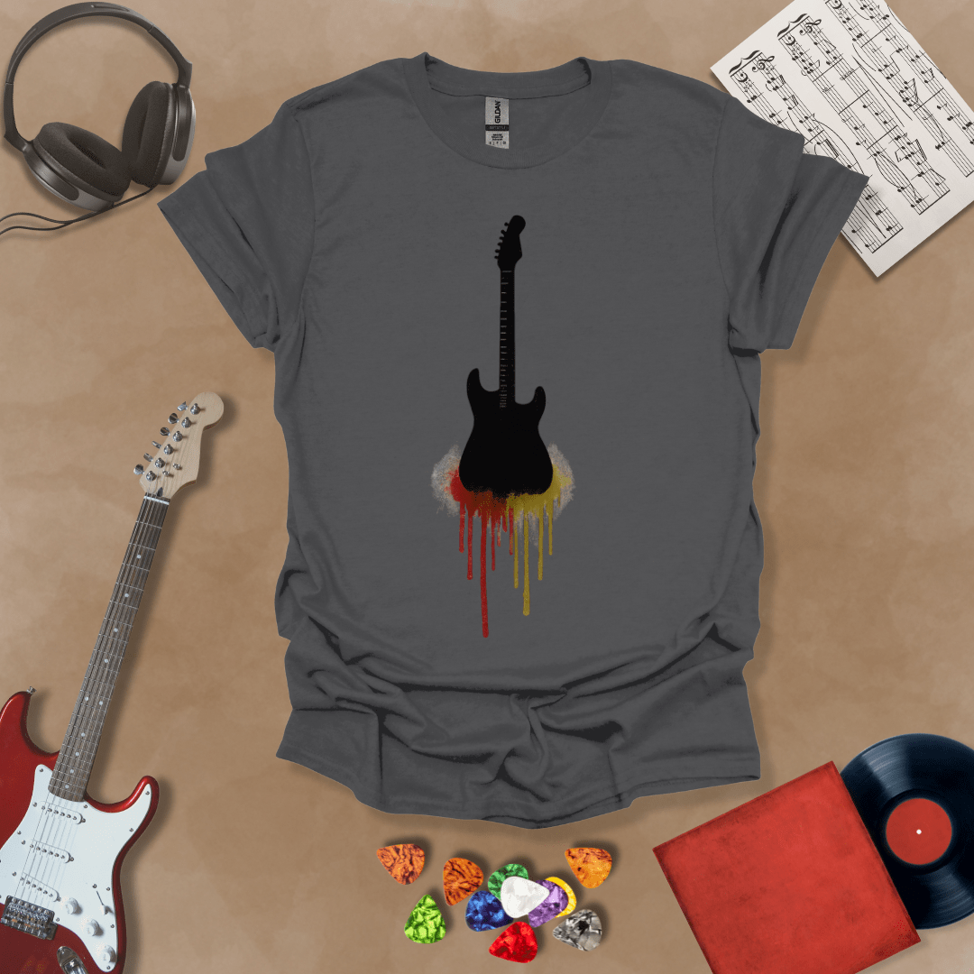 Gray t-shirt featuring a black electric guitar silhouette with colorful paint drips extending downward.