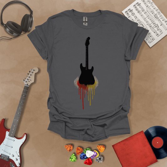 Gray t-shirt featuring a black electric guitar silhouette with colorful paint drips extending downward.