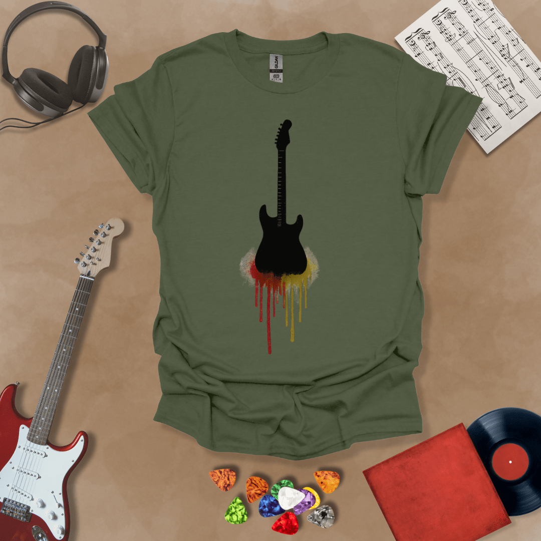 Green t-shirt featuring a black electric guitar silhouette with colorful paint drips extending downward.