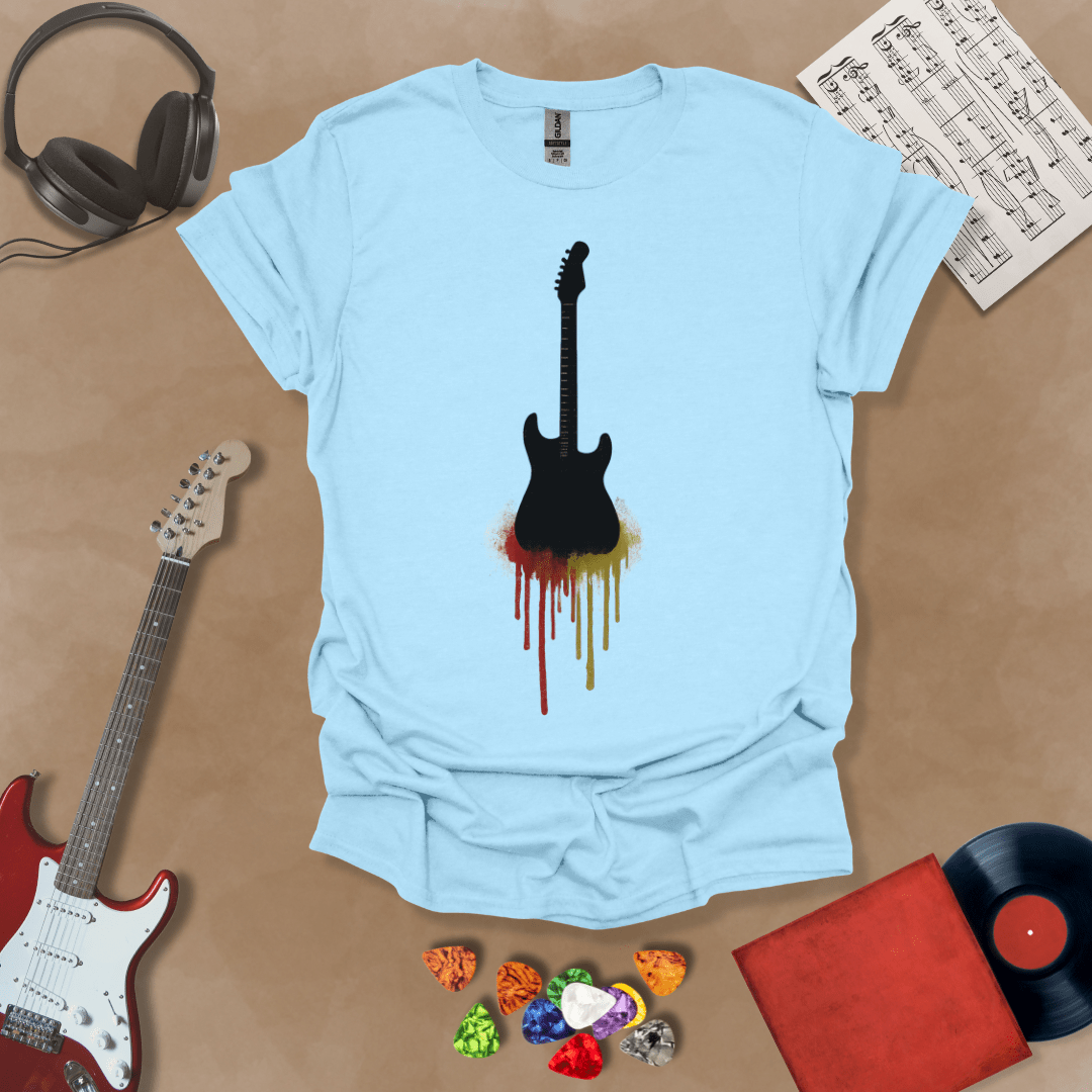 Light blue t-shirt featuring a black electric guitar silhouette with colorful paint drips extending downward.
