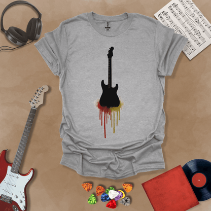 Gray t-shirt featuring a black electric guitar silhouette with colorful paint drips extending downward.
