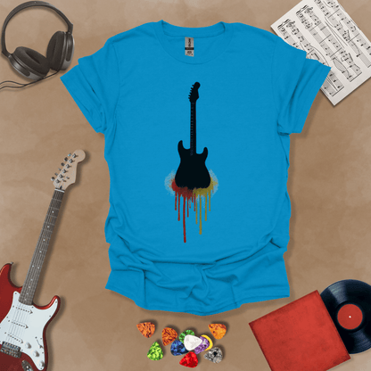 Blue t-shirt featuring a black electric guitar silhouette with colorful paint drips extending downward.