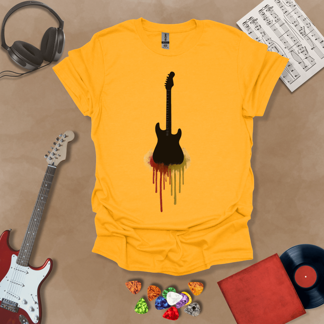 Yellow t-shirt featuring a black electric guitar silhouette with colorful paint drips extending downward.