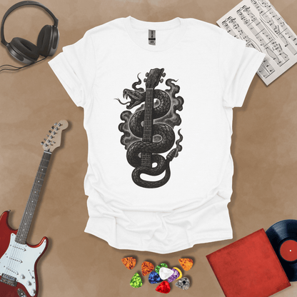 White t-shirt featuring a black vintage-style snake coiled around a guitar neck, blending tattoo art and rock design.
