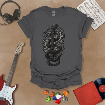 Gray t-shirt featuring a black vintage-style snake coiled around a guitar neck, blending tattoo art and rock design.
