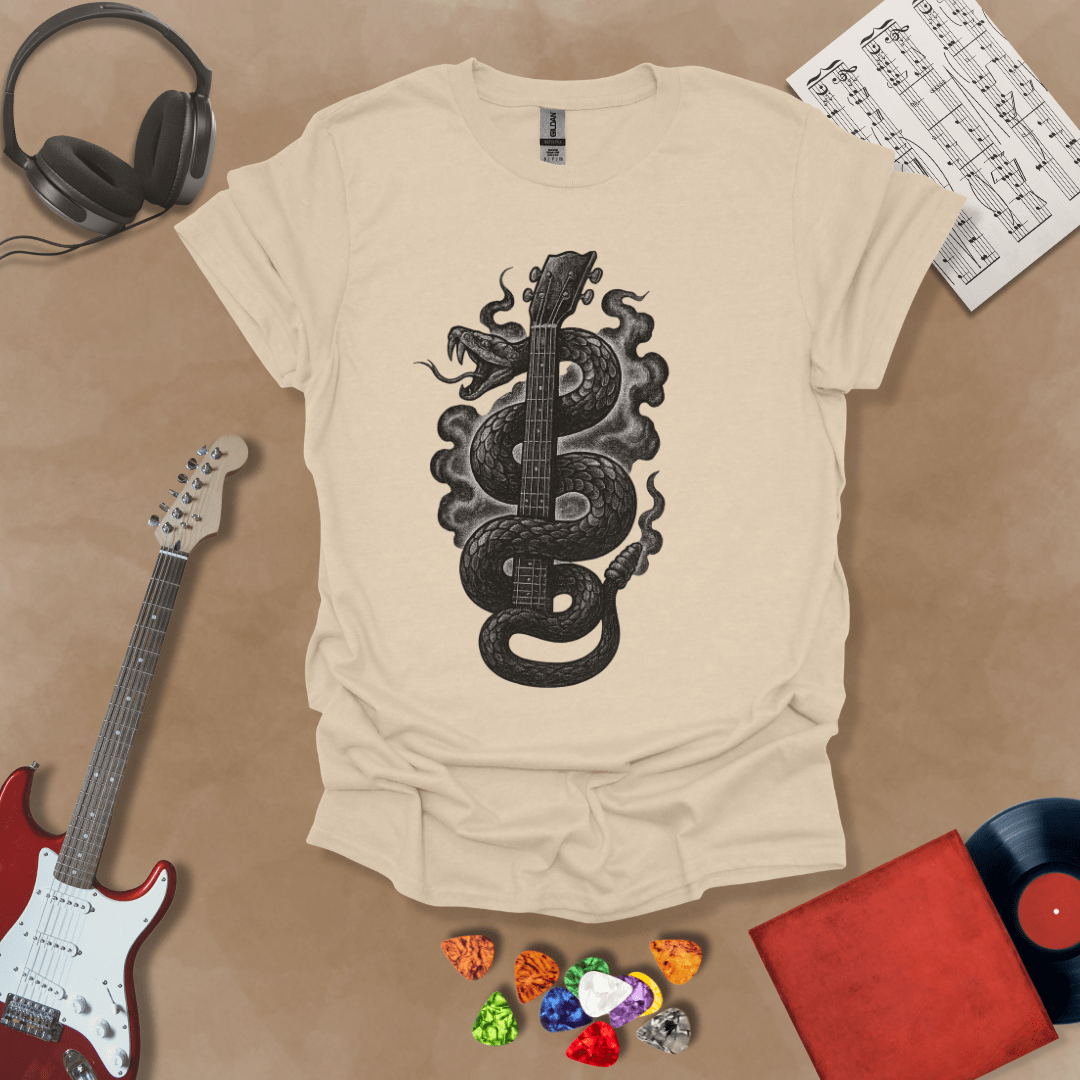 Beige t-shirt featuring a black vintage-style snake coiled around a guitar neck, blending tattoo art and rock design.
