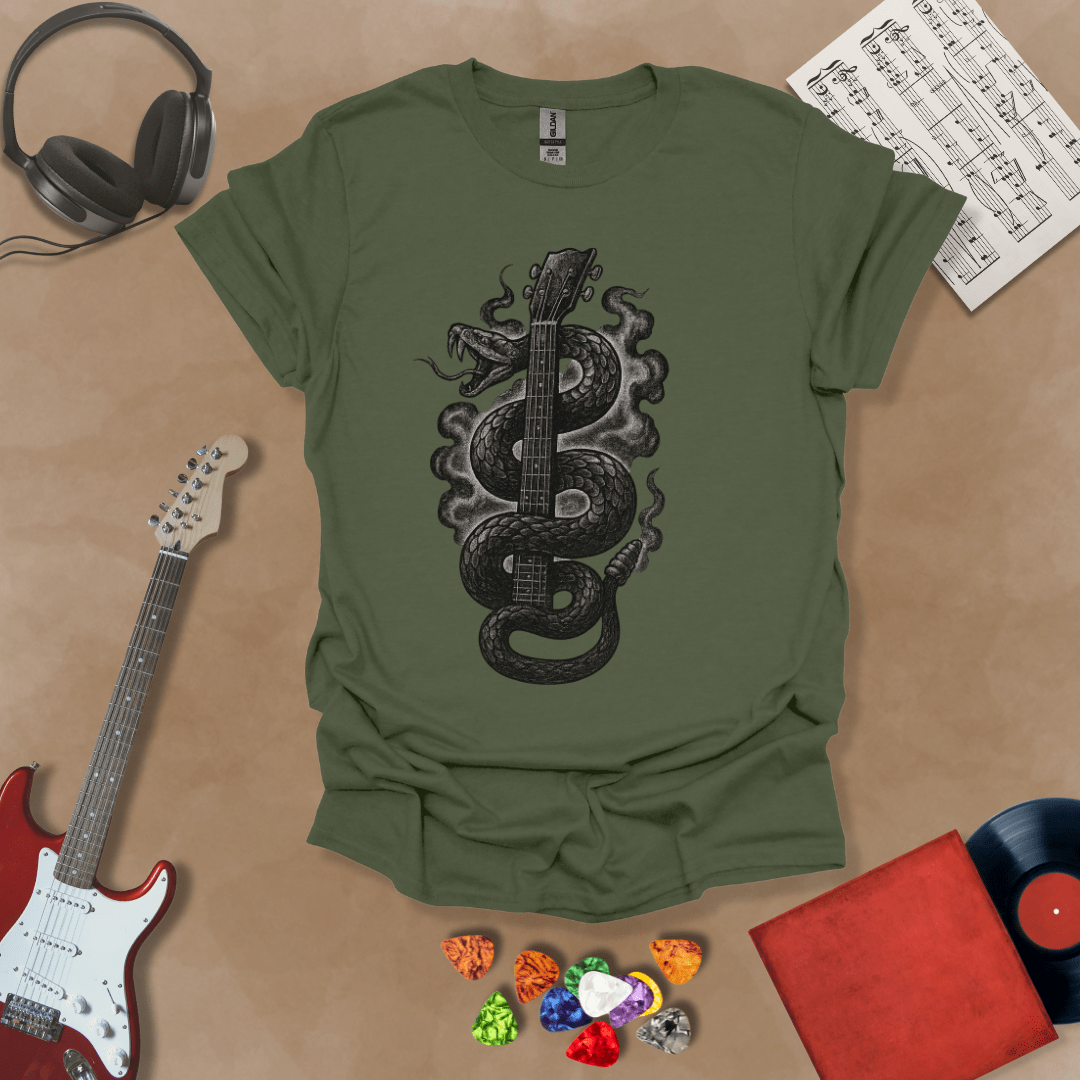 Green t-shirt featuring a black vintage-style snake coiled around a guitar neck, blending tattoo art and rock design.
