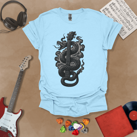 Light blue t-shirt featuring a black vintage-style snake coiled around a guitar neck, blending tattoo art and rock design.
