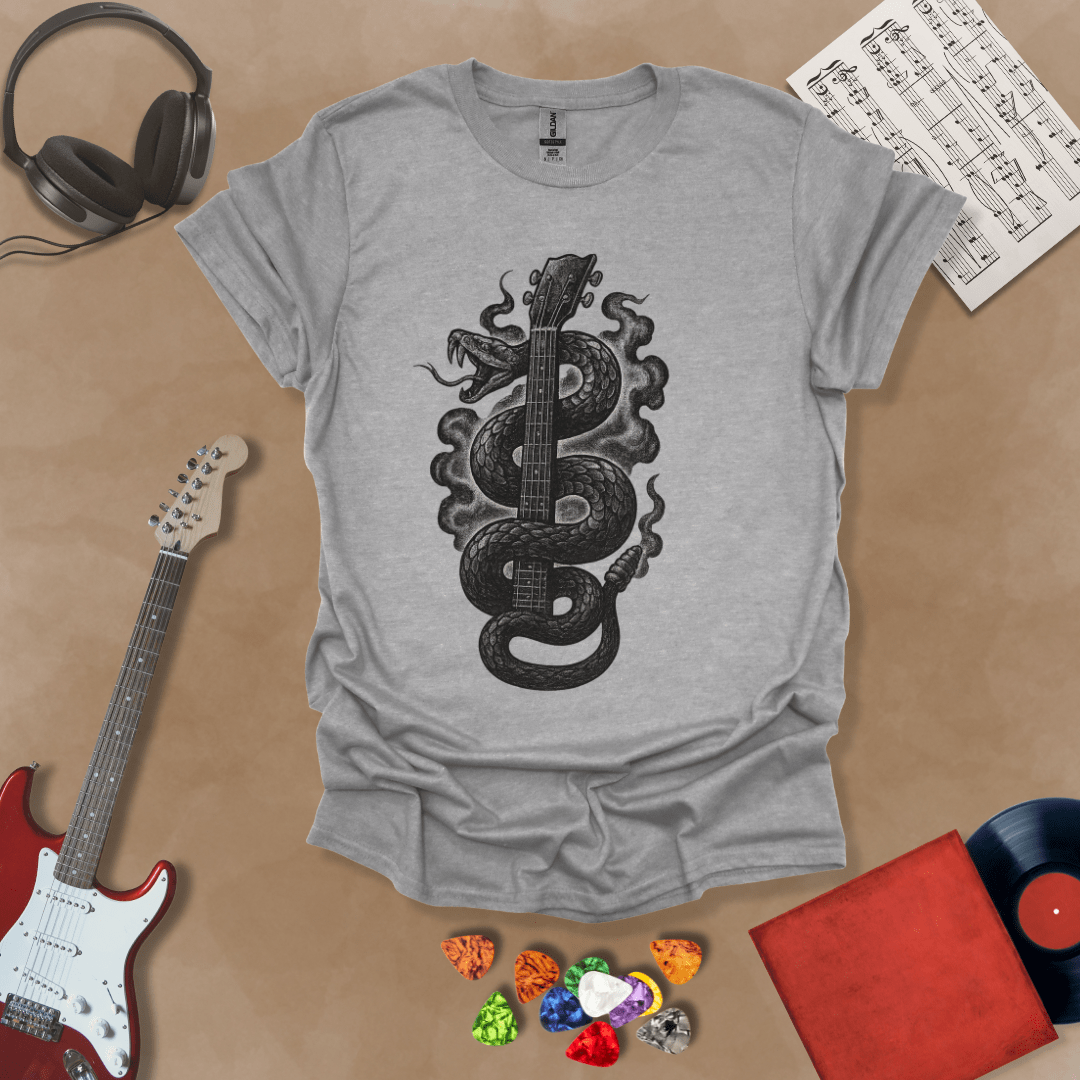 Gray t-shirt featuring a black vintage-style snake coiled around a guitar neck, blending tattoo art and rock design.
