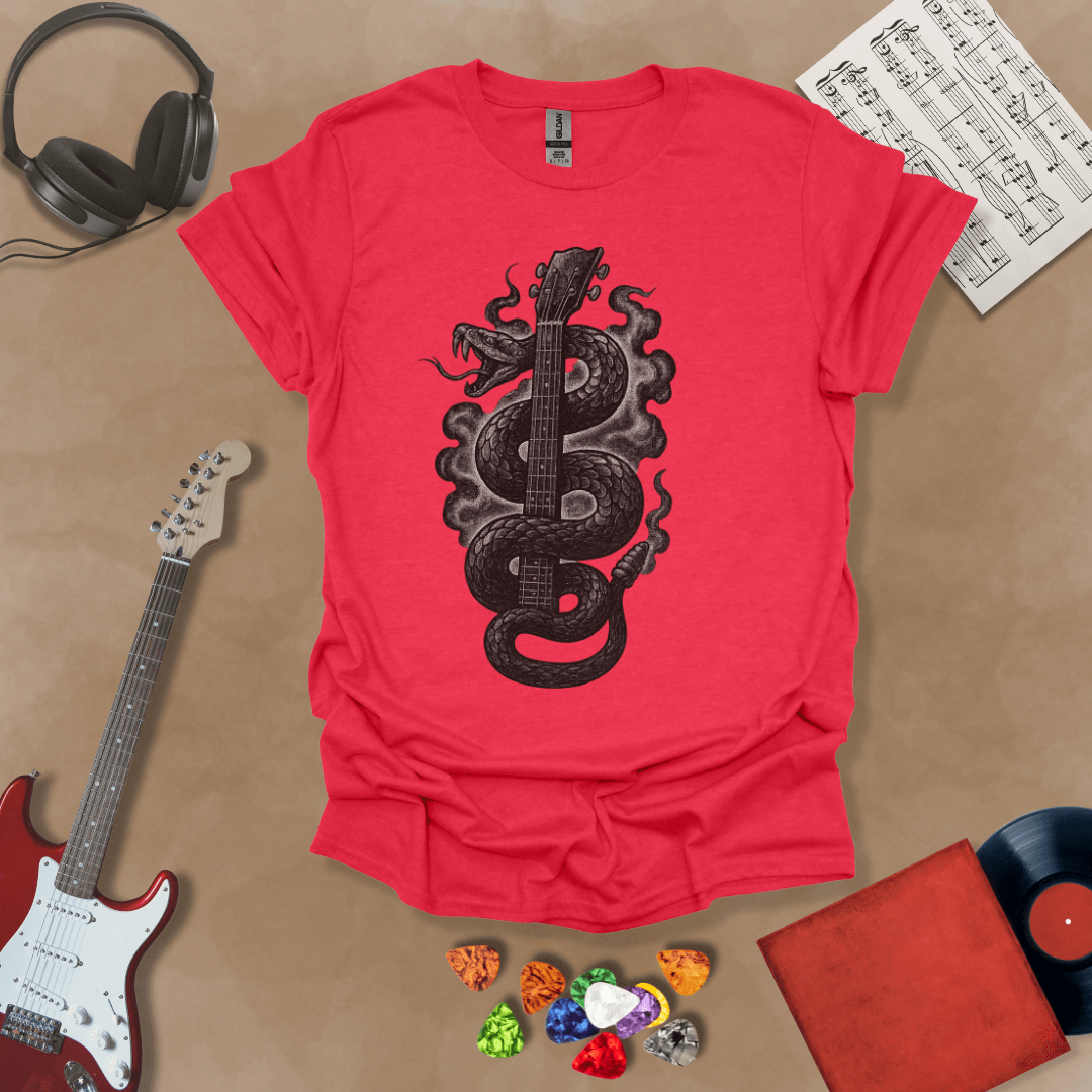 Red t-shirt featuring a black vintage-style snake coiled around a guitar neck, blending tattoo art and rock design.
