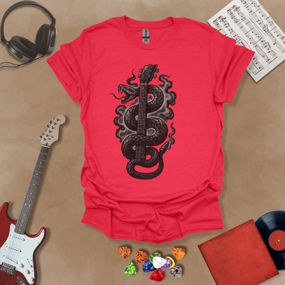 Red t-shirt featuring a black vintage-style snake coiled around a guitar neck, blending tattoo art and rock design.

