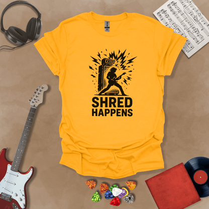 Yellow t-shirt with Guitarist shredding in front of amp with text 'Shred Happens'