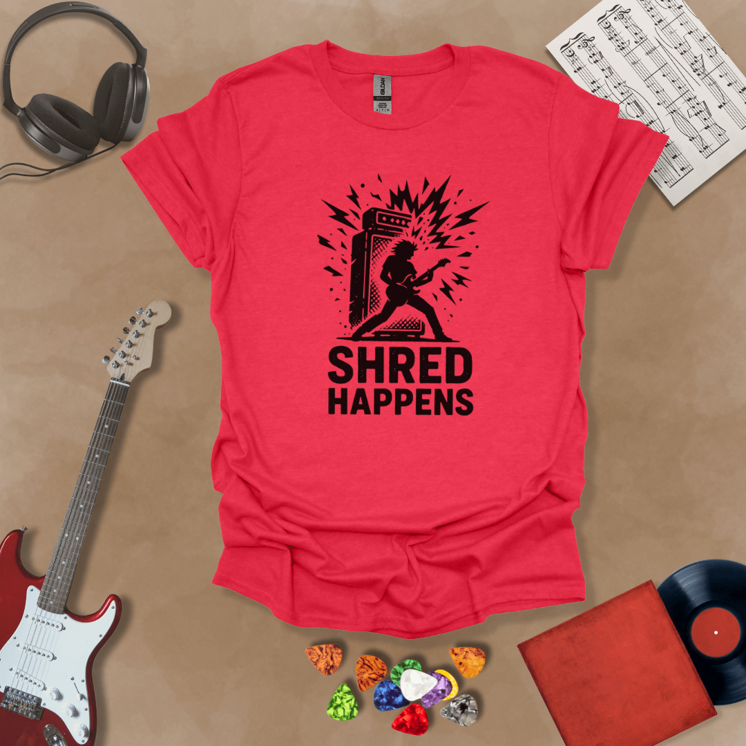 Red t-shirt with Guitarist shredding in front of amp with text 'Shred Happens'