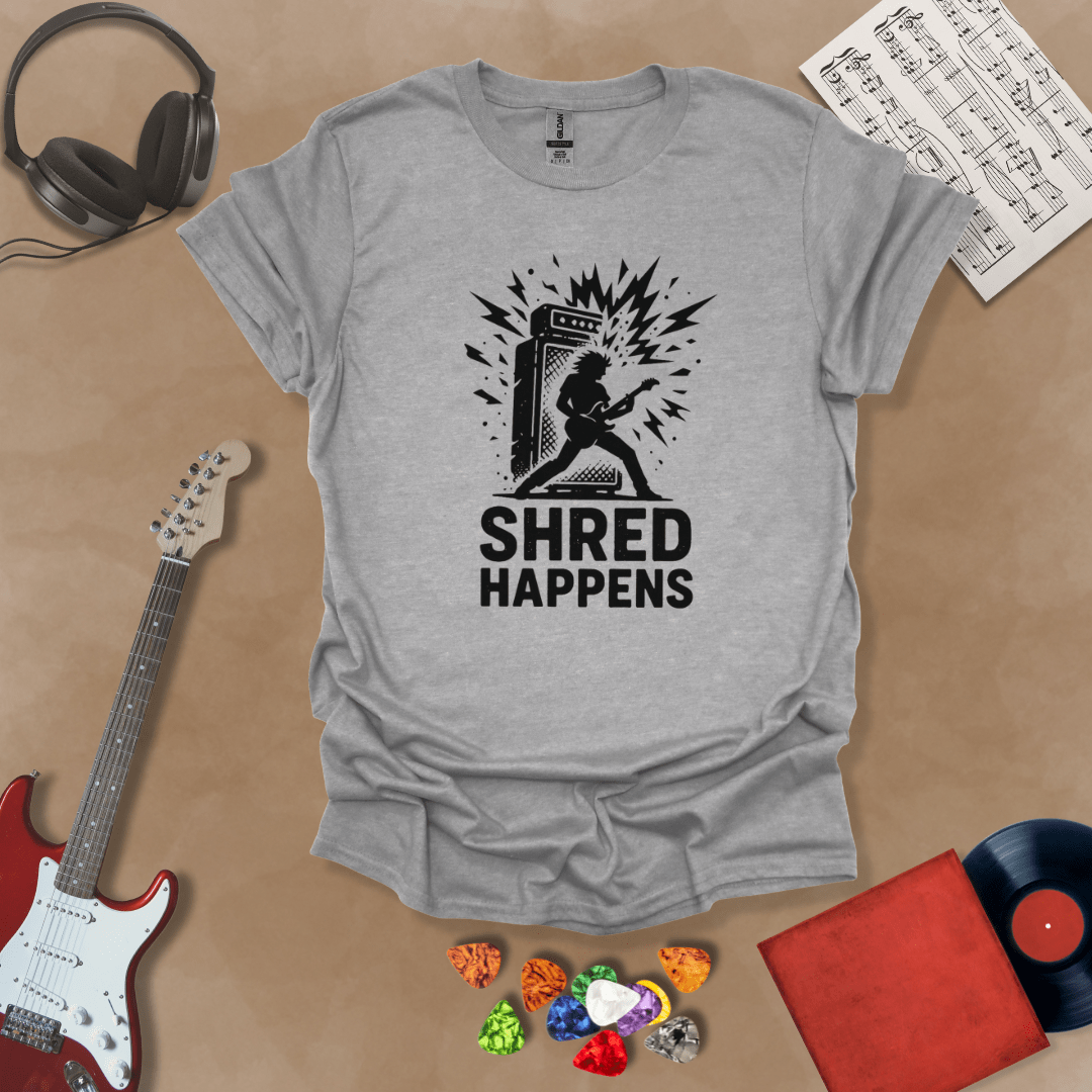 Gray t-shirt with Guitarist shredding in front of amp with text 'Shred Happens'