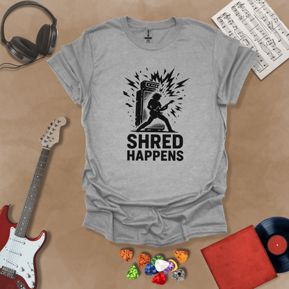 Gray t-shirt with Guitarist shredding in front of amp with text 'Shred Happens'