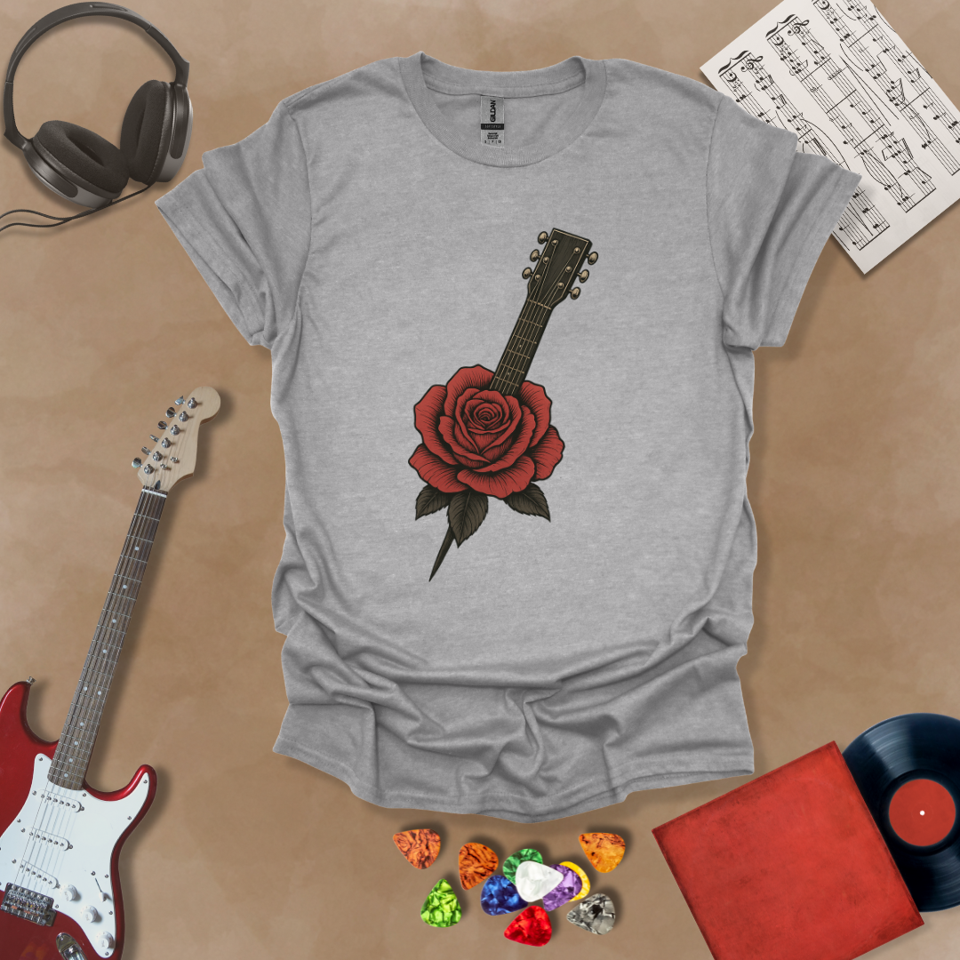 Gray t-shirt with electric guitar wrapped in blooming roses.
