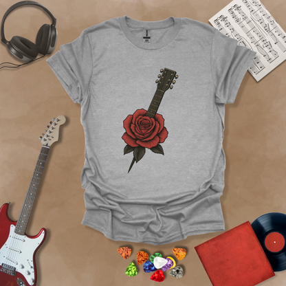 Gray t-shirt with electric guitar wrapped in blooming roses.
