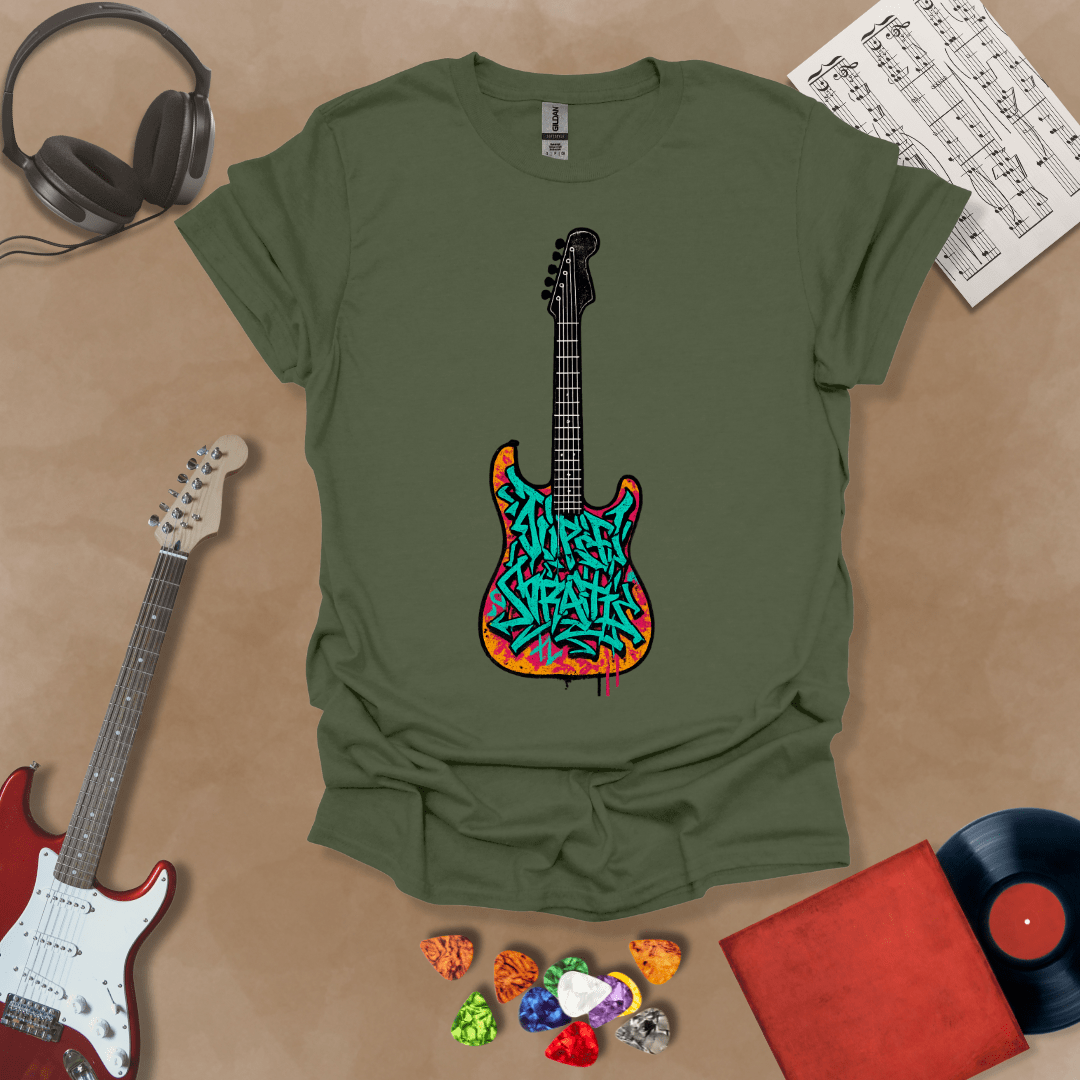 Green t-shirt featuring an electric guitar filled with colorful graffiti-style lettering and street art textures.
