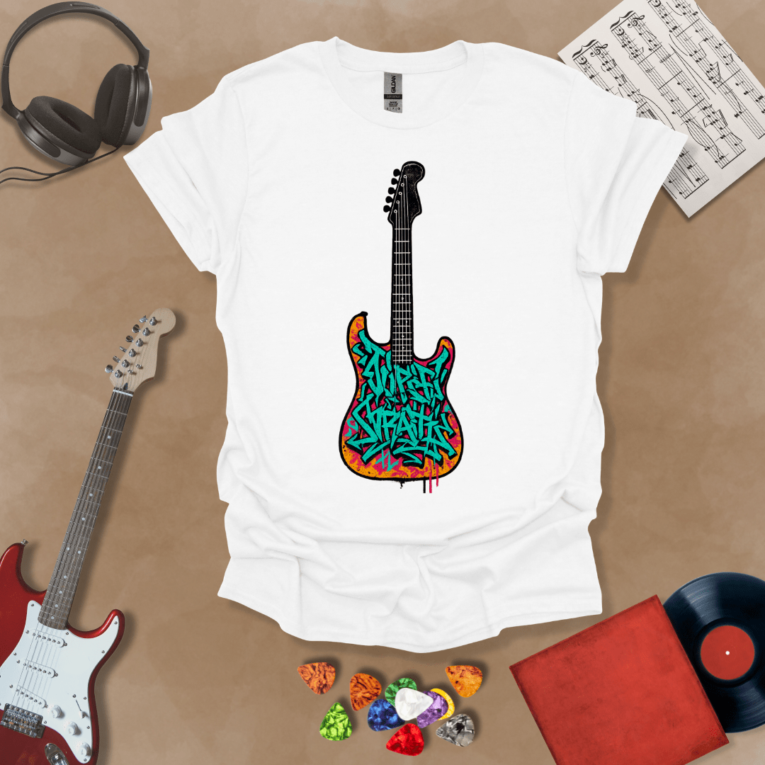 White t-shirt featuring an electric guitar filled with colorful graffiti-style lettering and street art textures.
