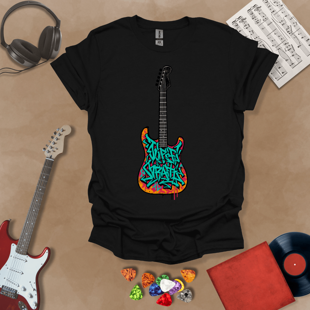Black t-shirt featuring an electric guitar filled with colorful graffiti-style lettering and street art textures.
