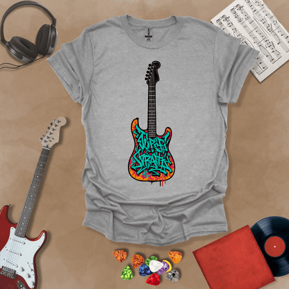Gray t-shirt featuring an electric guitar filled with colorful graffiti-style lettering and street art textures.
