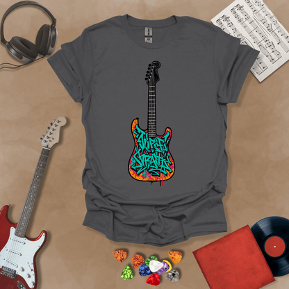 Gray t-shirt featuring an electric guitar filled with colorful graffiti-style lettering and street art textures.
